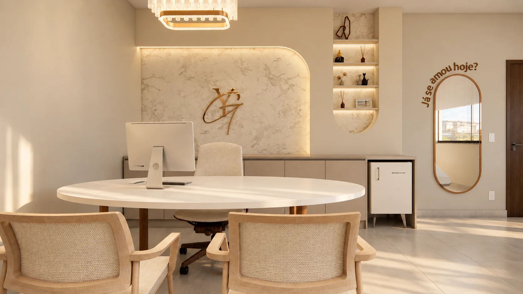 Sala de atendimento com mesa redonda, parede em pedra e espelho oval