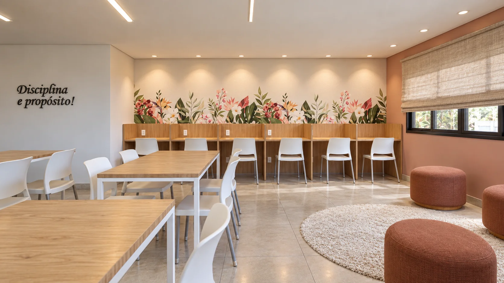 Sala de estudos com bancadas, mural floral e pufes terracota