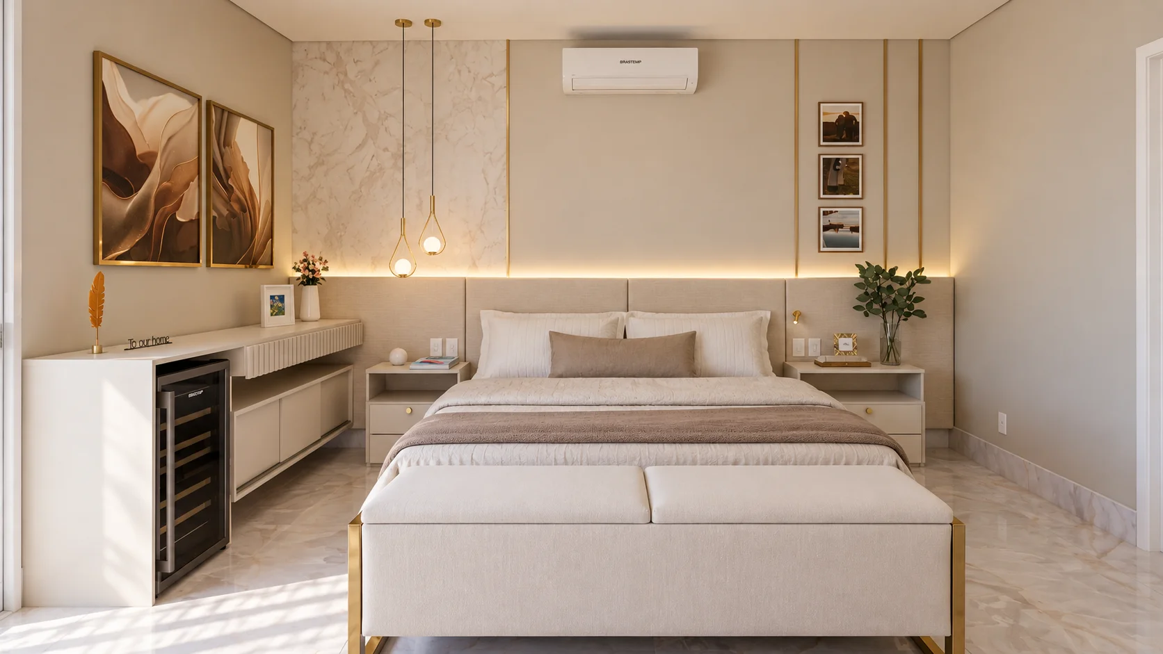 Suíte com cabeceira estofada iluminada, quadros e cortinas claras